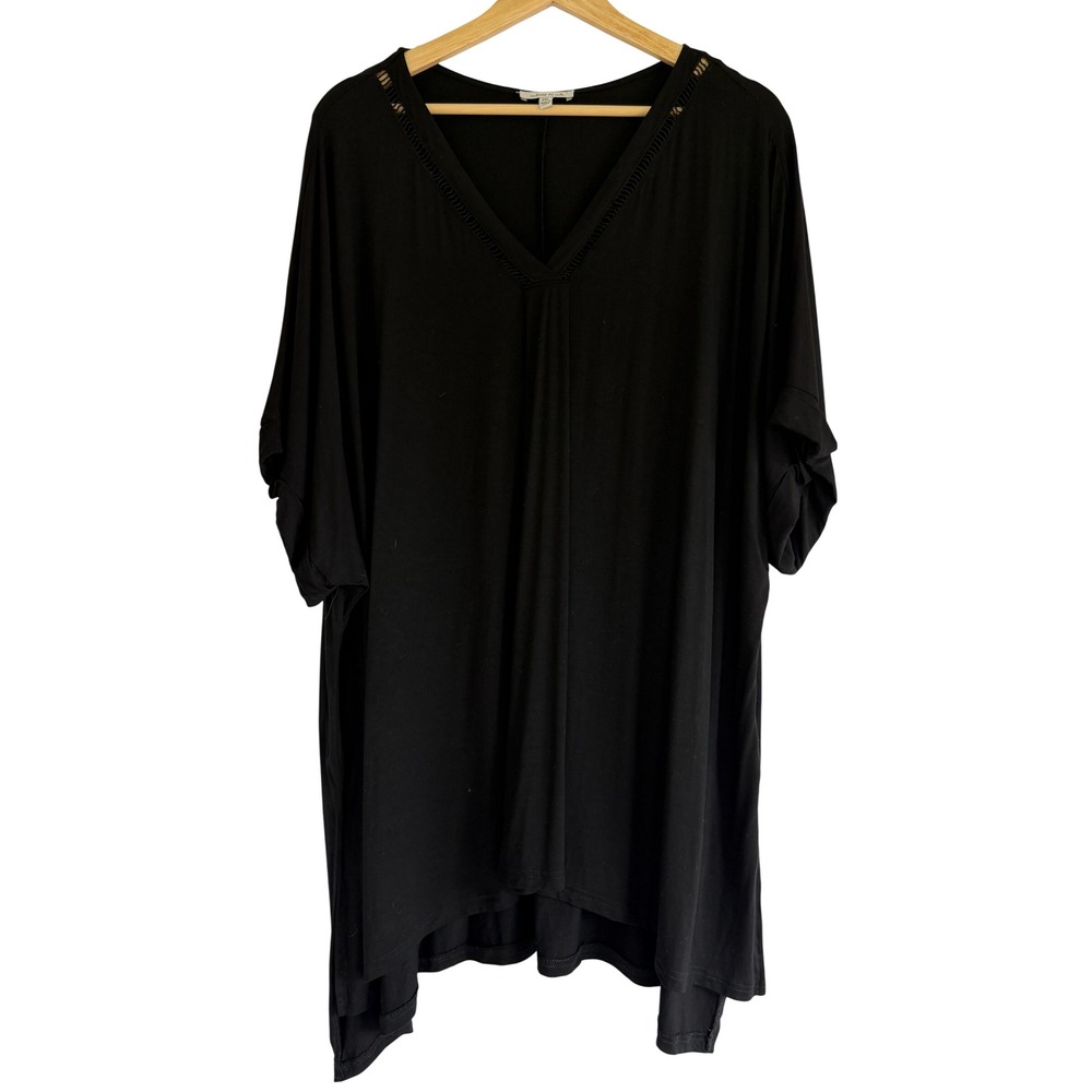 White Birch Black V-Neck Crochet Trim Oversized Tunic Top 2XL T22674P